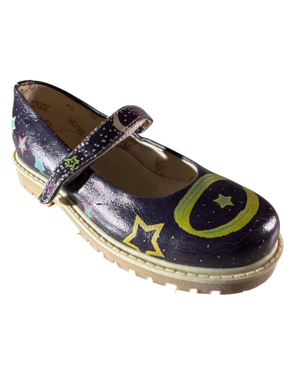 GOBY Girl's Navy Blue Star Design Mary Jane Shoes Adjustable Strap Rubber Soles